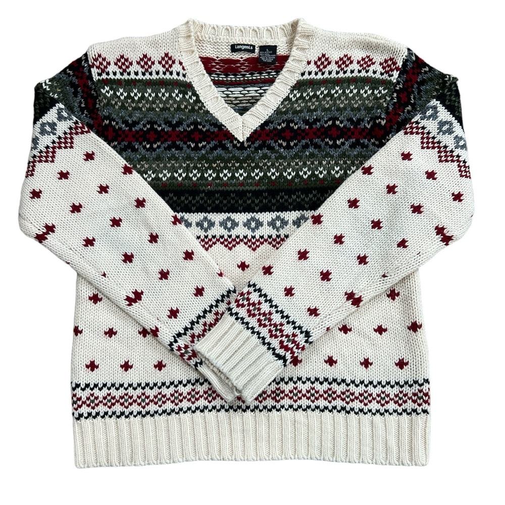 Tangents Women's Vintage V-Neck Wool‎ Blend Knit Fair Isle Sweater Size: Large